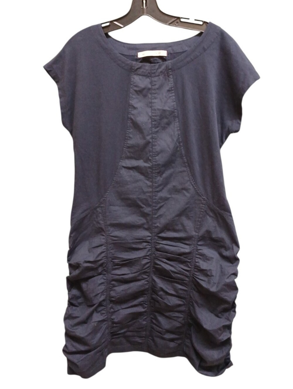 Wearables Navy Ruched Short Sleeve Mixed Material Dress Size Large